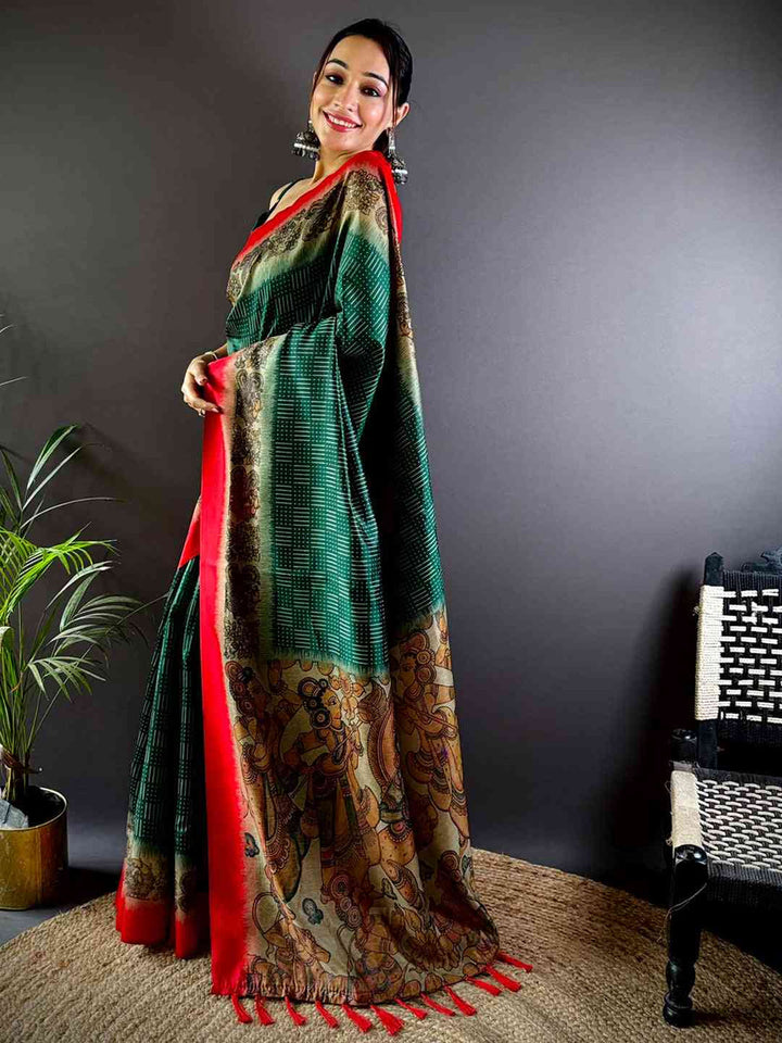 Green & Red Linen Silk Saree with Bandhej & Paisley Print