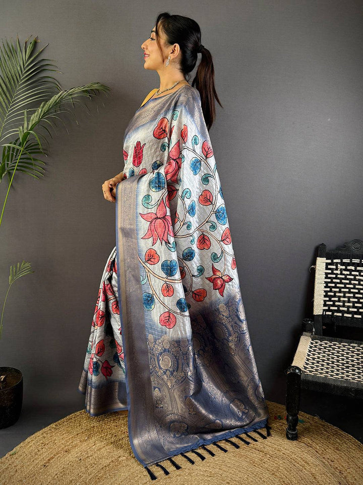Grey Linen Silk Saree with Lotus Floral Digital Print & Zari Border