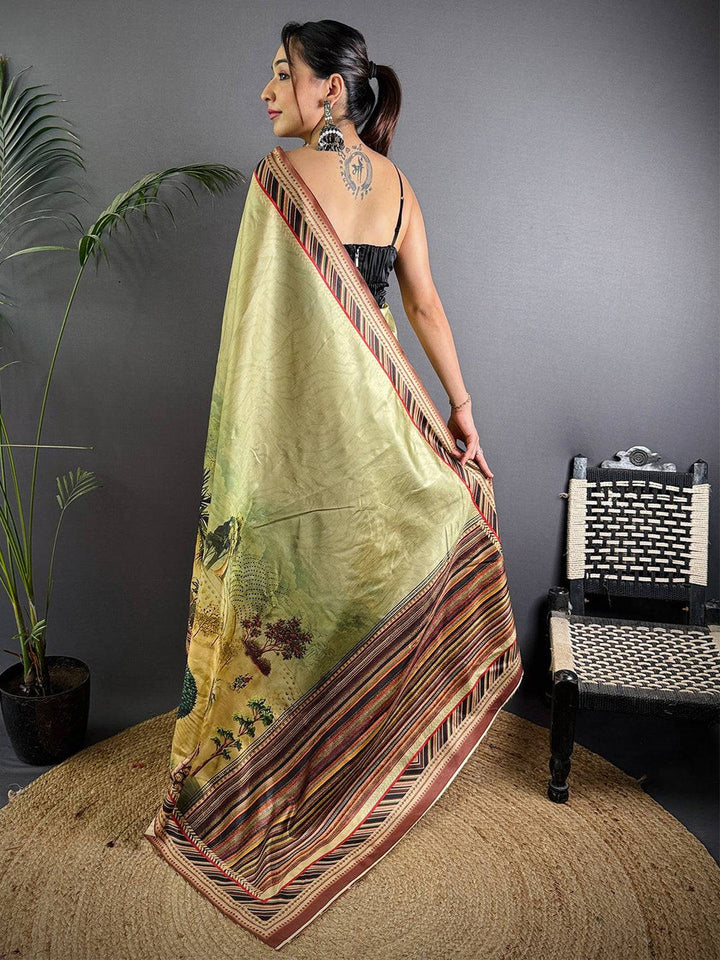 Olive Green Linen Silk Saree with Wildlife Digital Print & Multicolor Border