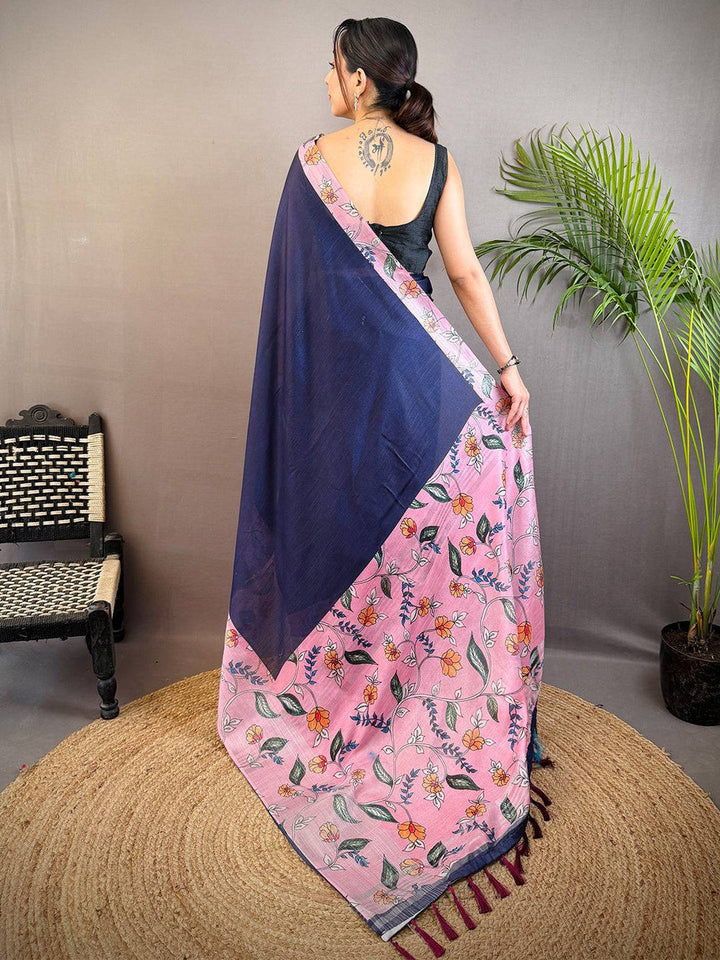 Navy Blue & Pink Linen Silk Saree with Floral Digital Print & Contrast Pallu