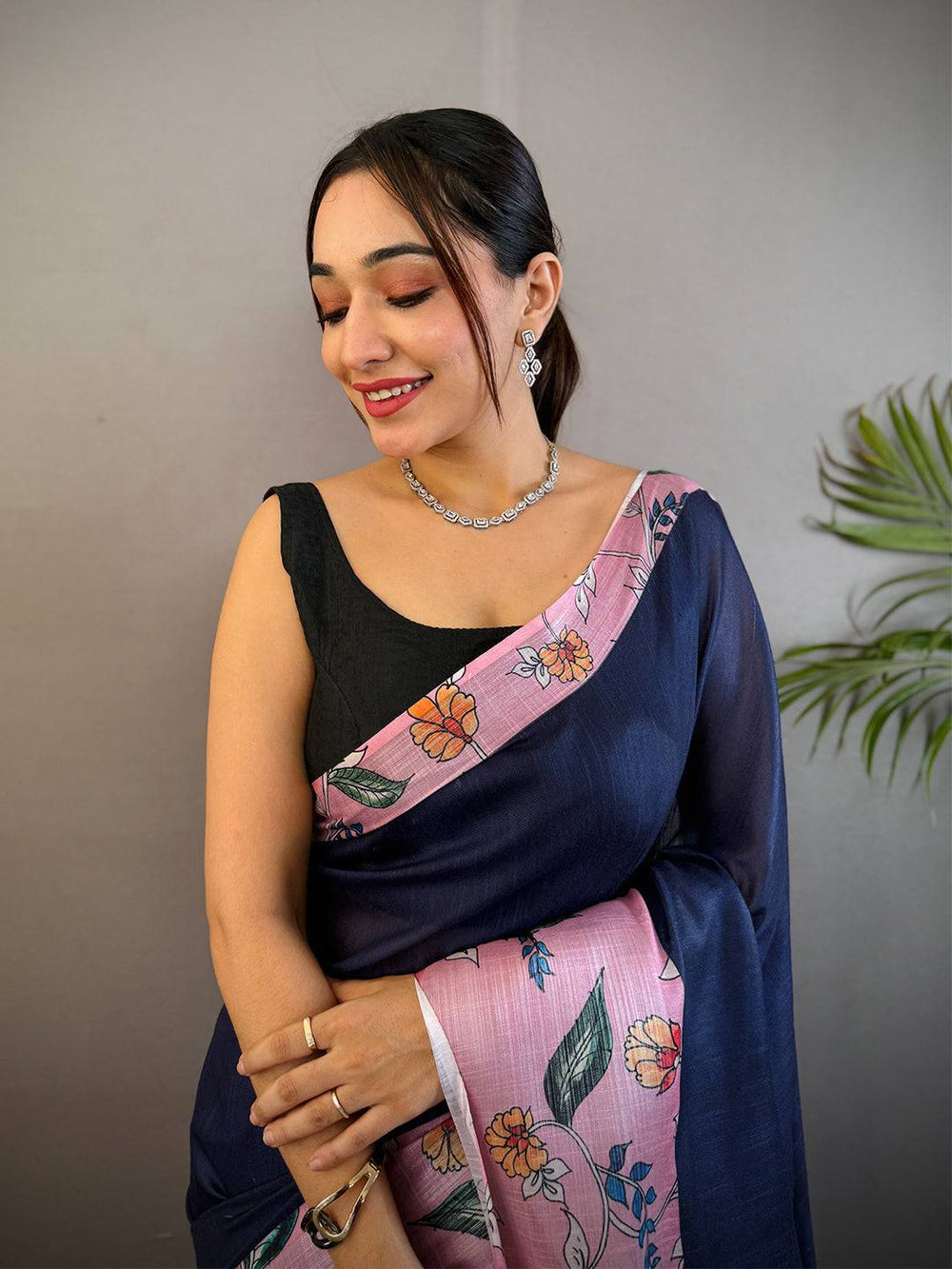Navy Blue & Pink Linen Silk Saree with Floral Digital Print & Contrast Pallu