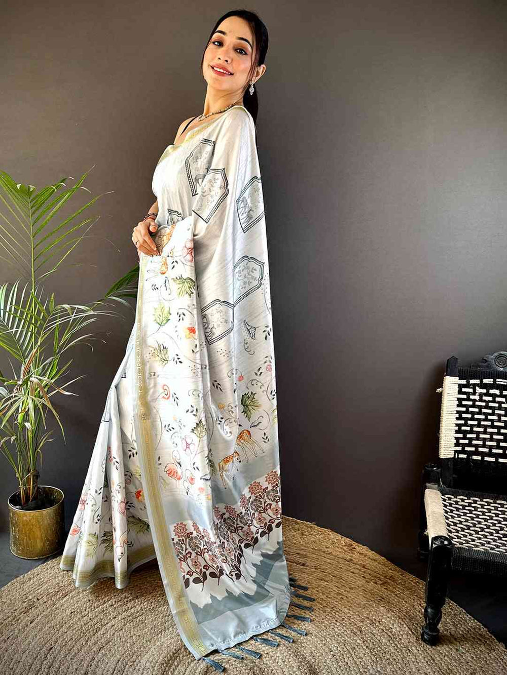White Linen Silk Saree with Nature Inspired Print & Elegant Zari Border