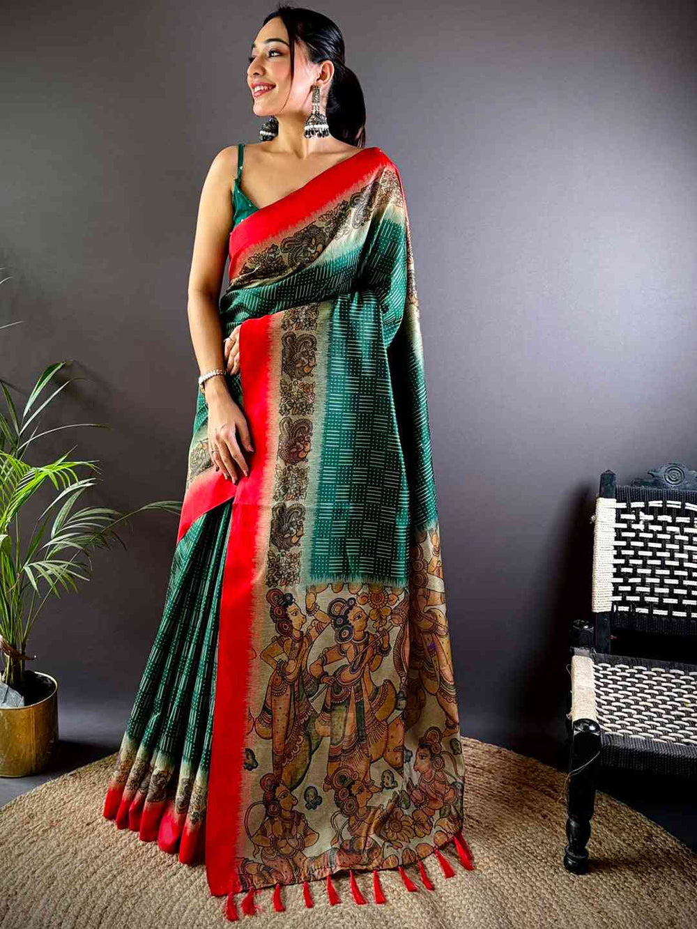 Green & Red Linen Silk Saree with Bandhej & Paisley Print