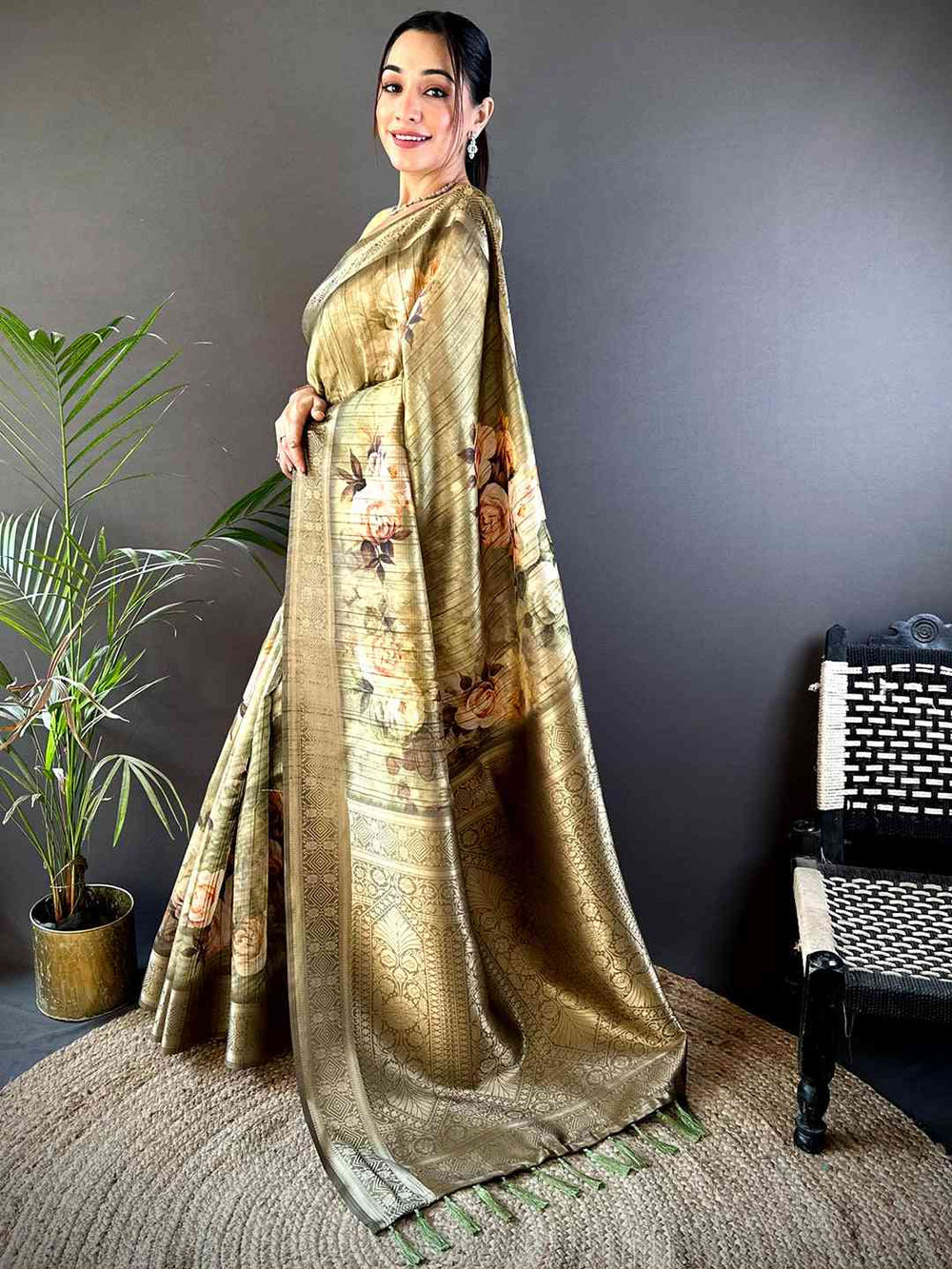 Olive Green Linen Silk Saree with Floral Print & Zari Border