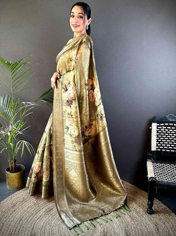 Olive Green Linen Silk Saree with Floral Print & Zari Border