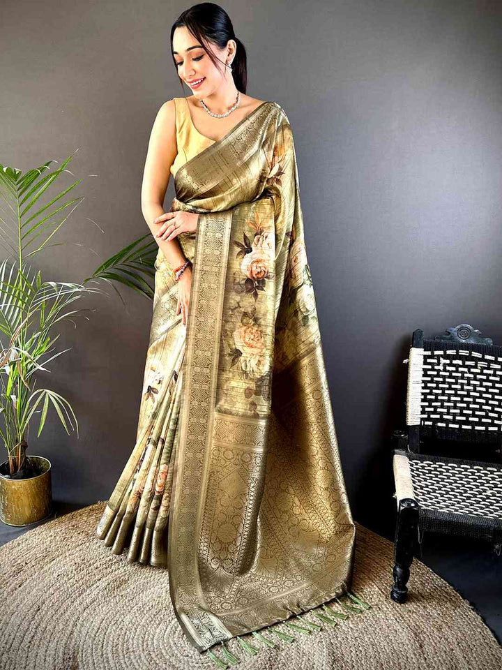 Olive Green Linen Silk Saree with Floral Print & Zari Border