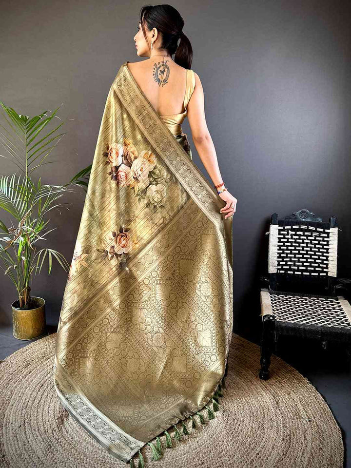 Olive Green Linen Silk Saree with Floral Print & Zari Border