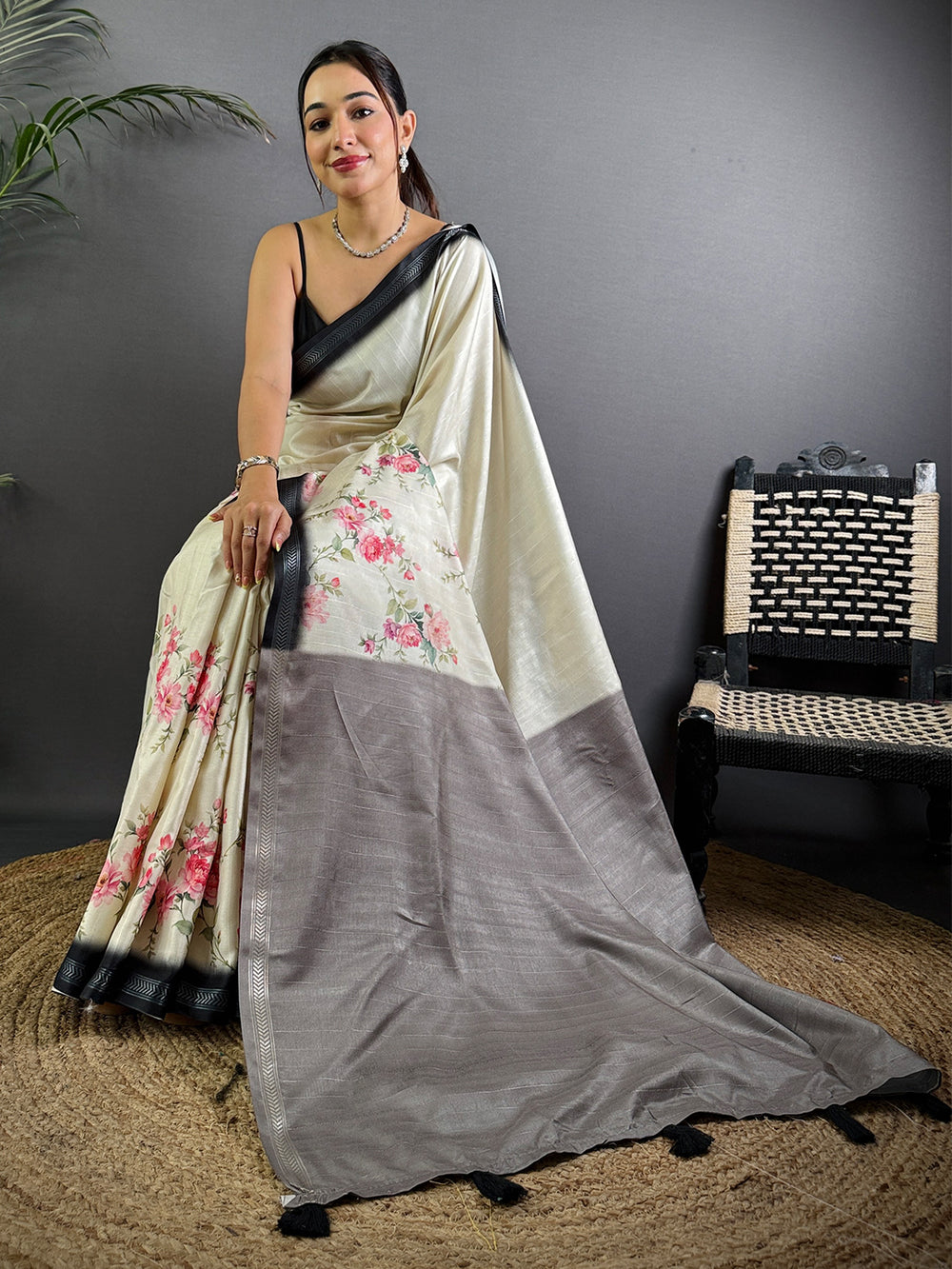 Cream Linen Silk Saree with Pink Floral Print & Grey Contrast Border