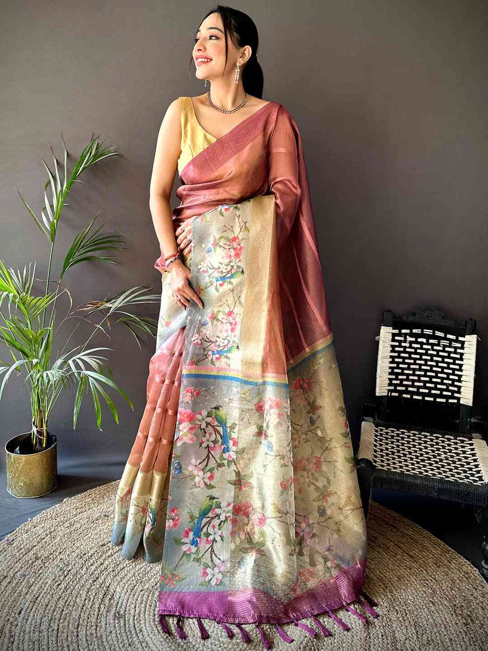 Peach & Beige Linen Silk Saree with Floral Print & Zari Border
