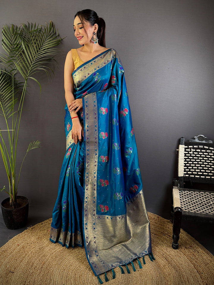 Teal Blue Banarasi Silk Saree with Zari Border & Multi Color Butta Weaving