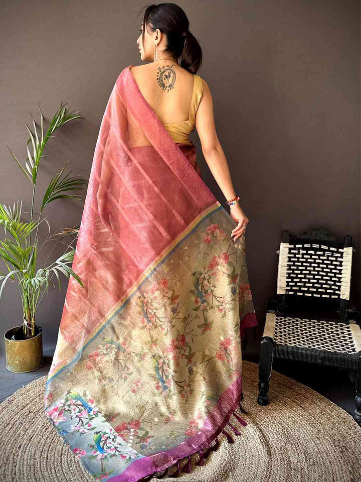 Peach & Beige Linen Silk Saree with Floral Print & Zari Border