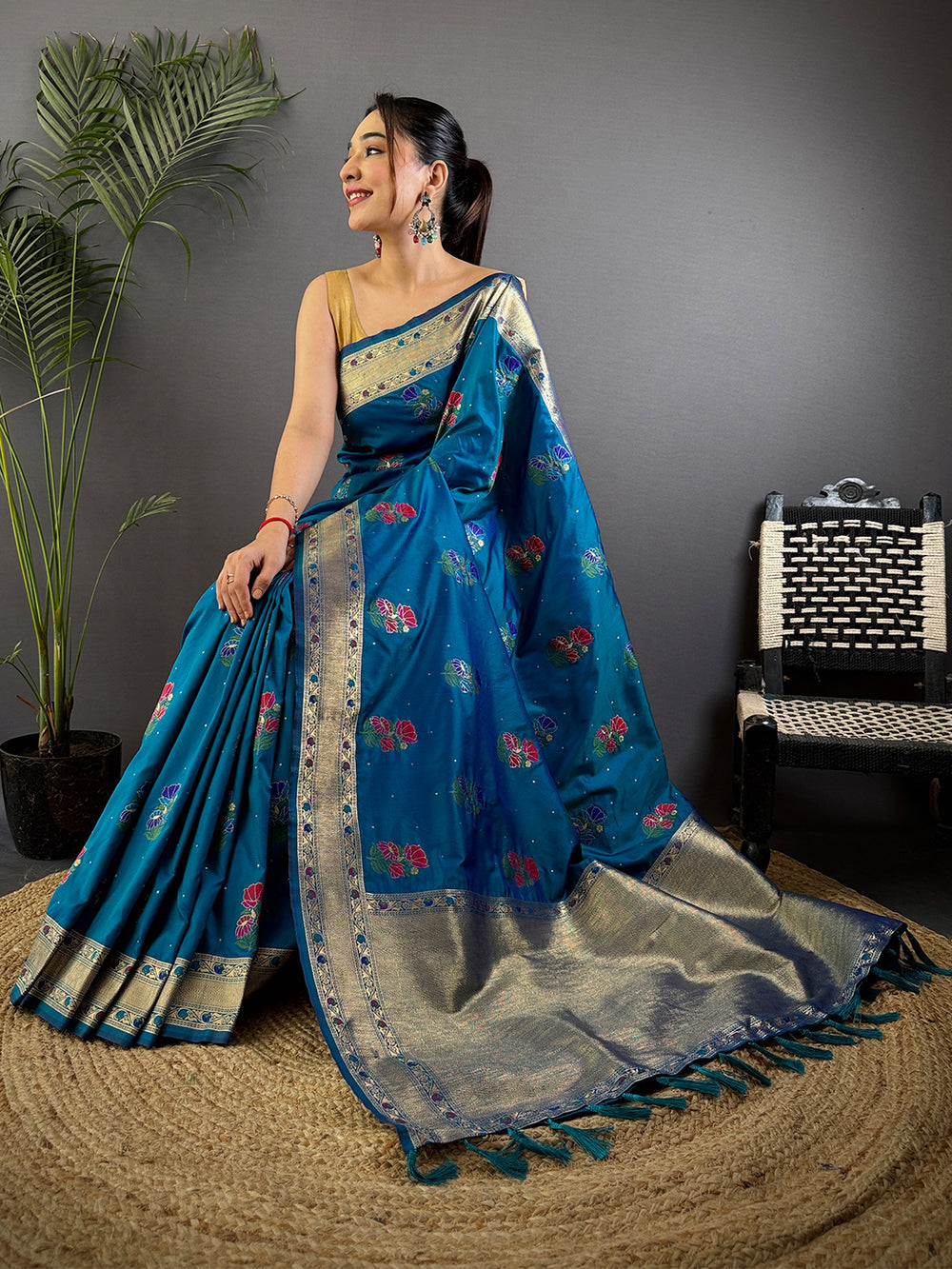 Teal Blue Banarasi Silk Saree with Zari Border & Multi Color Butta Weaving