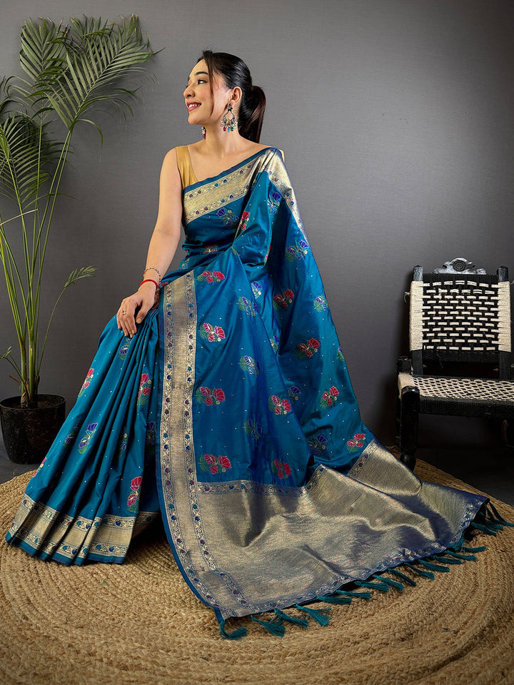 Teal Blue Banarasi Silk Saree with Zari Border & Multi Color Butta Weaving