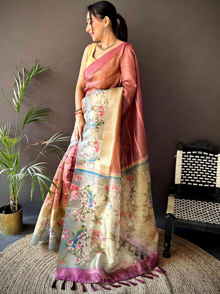 Peach & Beige Linen Silk Saree with Floral Print & Zari Border