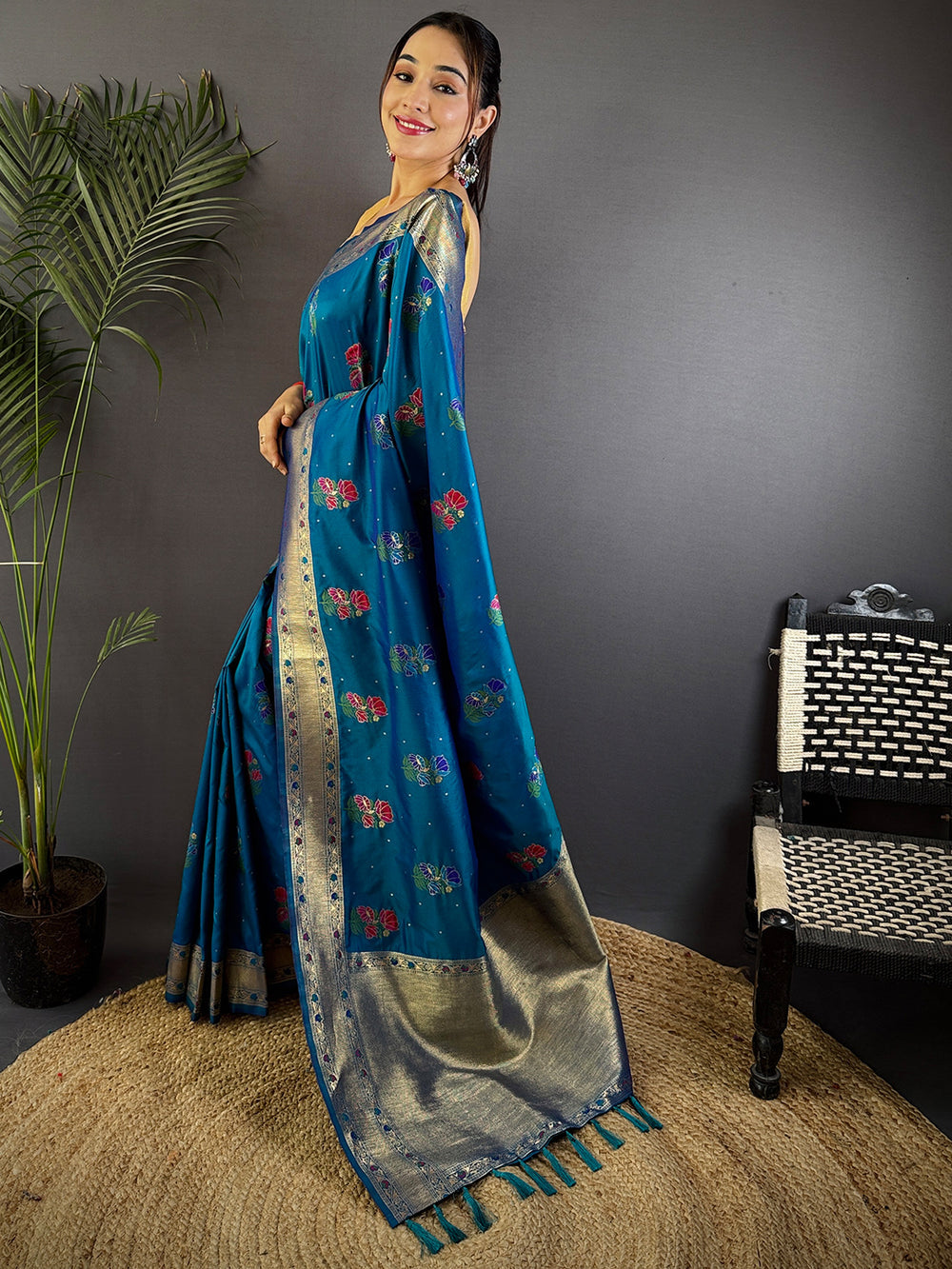 Teal Blue Banarasi Silk Saree with Zari Border & Multi Color Butta Weaving