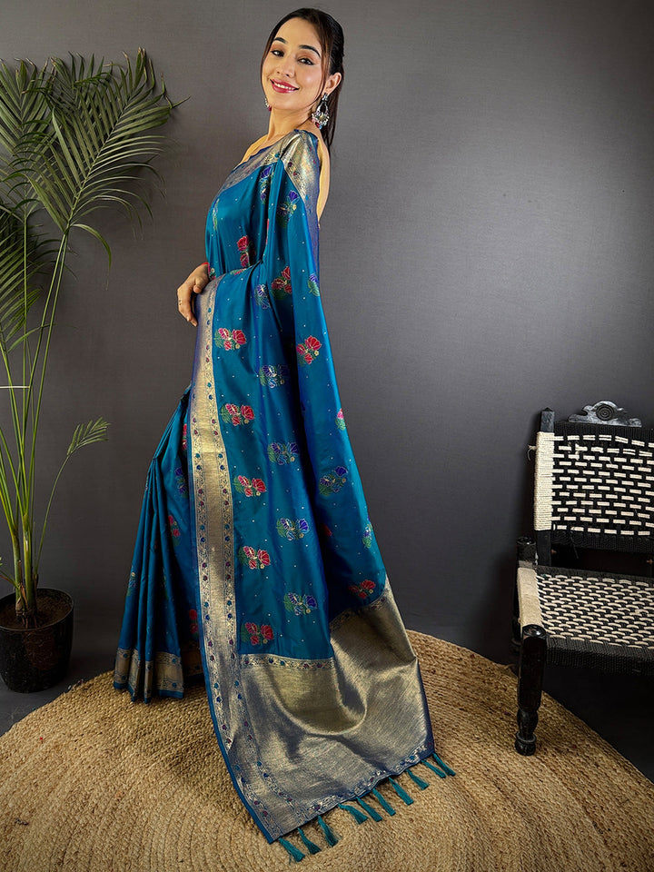 Teal Blue Banarasi Silk Saree with Zari Border & Multi Color Butta Weaving