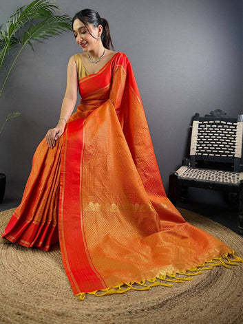 Orange & Red Banarasi Silk Saree with Rich Zari Weaving & Contrast Pallu