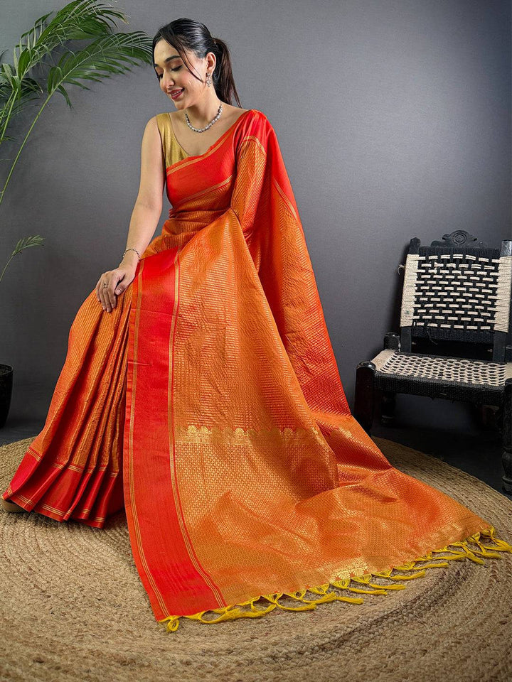 Orange & Red Banarasi Silk Saree with Rich Zari Weaving & Contrast Pallu