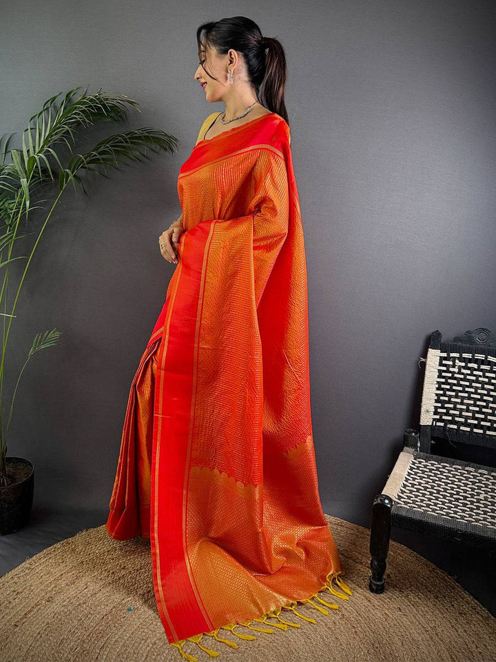 Orange & Red Banarasi Silk Saree with Rich Zari Weaving & Contrast Pallu