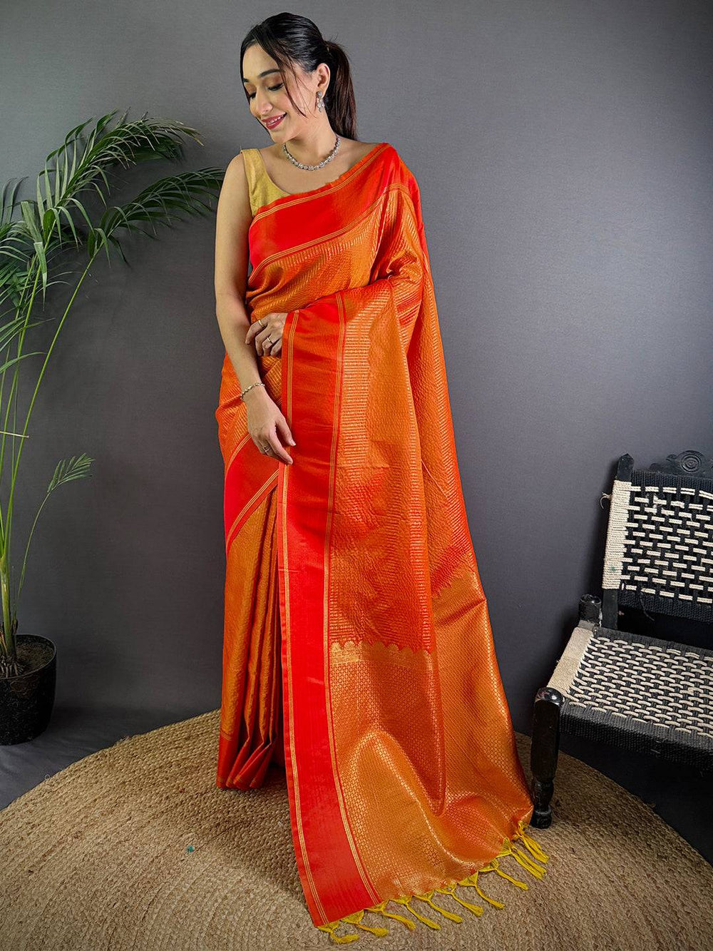 Orange & Red Banarasi Silk Saree with Rich Zari Weaving & Contrast Pallu