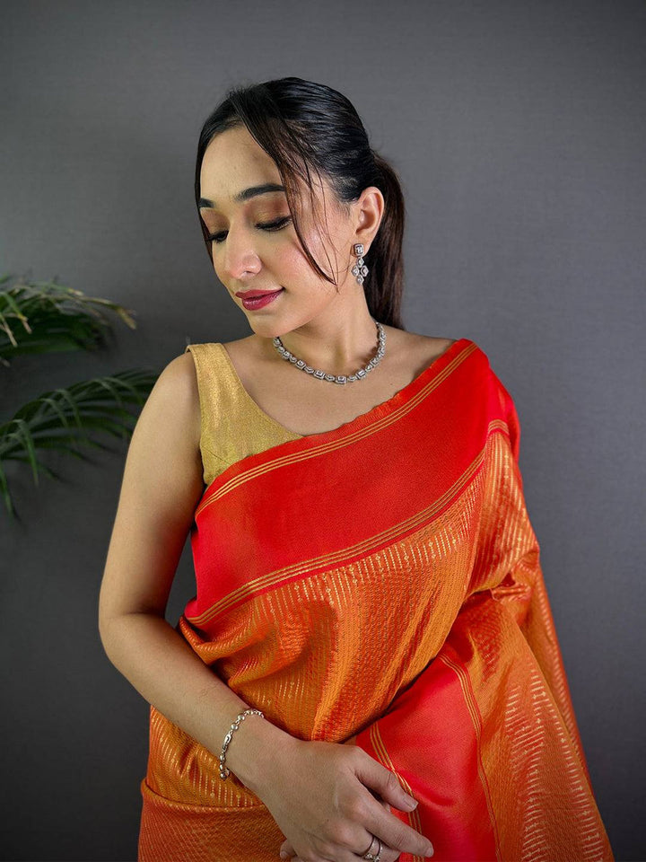 Orange & Red Banarasi Silk Saree with Rich Zari Weaving & Contrast Pallu