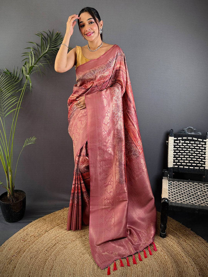 Rose Pink Banarasi Silk Saree with Intricate Zari Weaving & Rich Pallu
