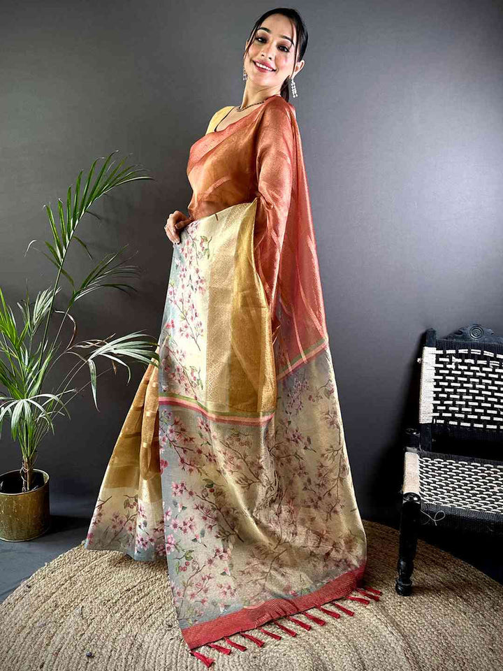 Peach Gold Linen Silk Saree with Floral Print & Woven Zari Border