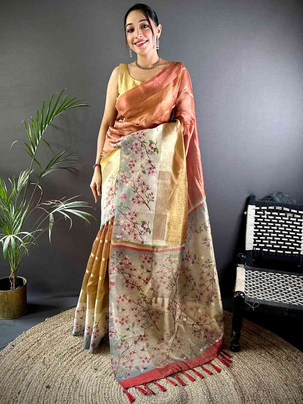 Peach Gold Linen Silk Saree with Floral Print & Woven Zari Border