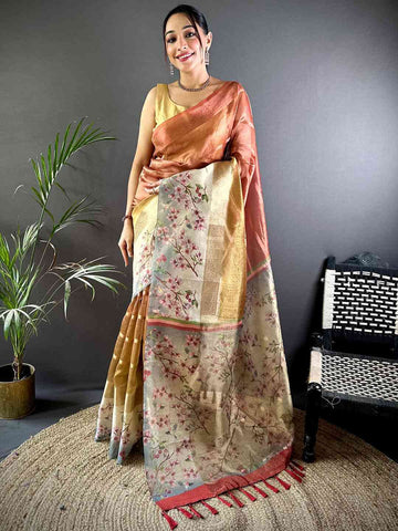 Peach Gold Linen Silk Saree with Floral Print & Woven Zari Border