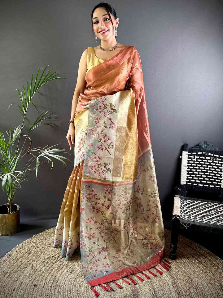 Peach Gold Linen Silk Saree with Floral Print & Woven Zari Border