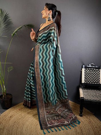 Teal & Black Linen Silk Saree with Chevron Print and Ethnic Border