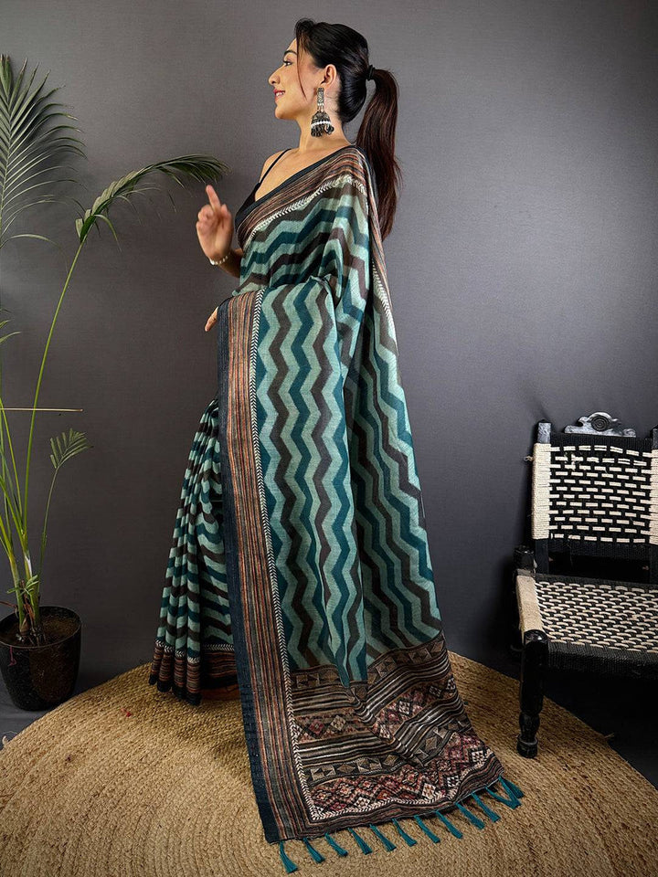 Teal & Black Linen Silk Saree with Chevron Print and Ethnic Border