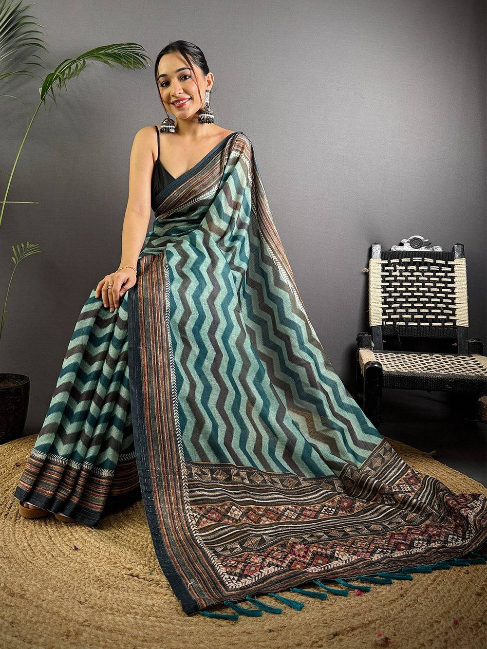 Teal & Black Linen Silk Saree with Chevron Print and Ethnic Border