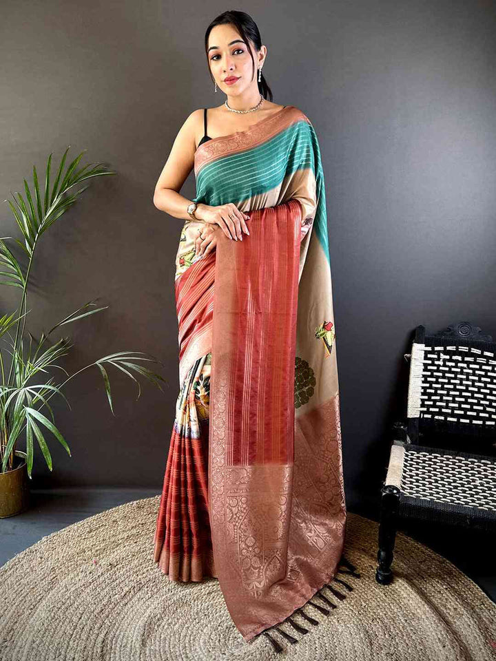 Multicolor Linen Silk Saree with Floral Print & Woven Copper Border
