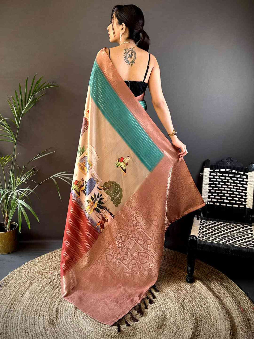 Multicolor Linen Silk Saree with Floral Print & Woven Copper Border