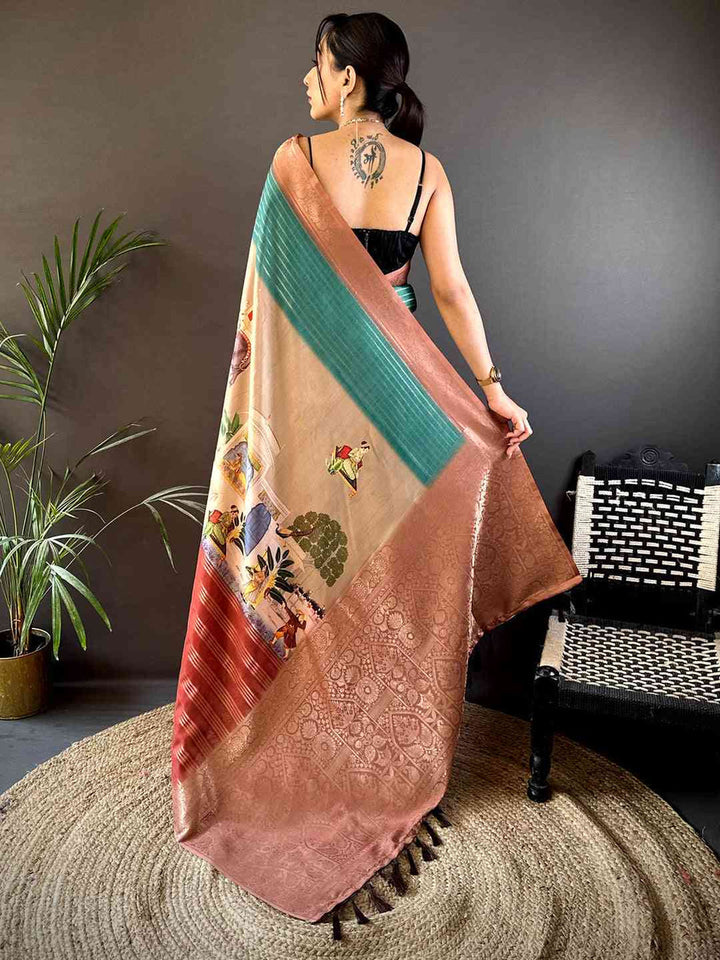 Multicolor Linen Silk Saree with Floral Print & Woven Copper Border