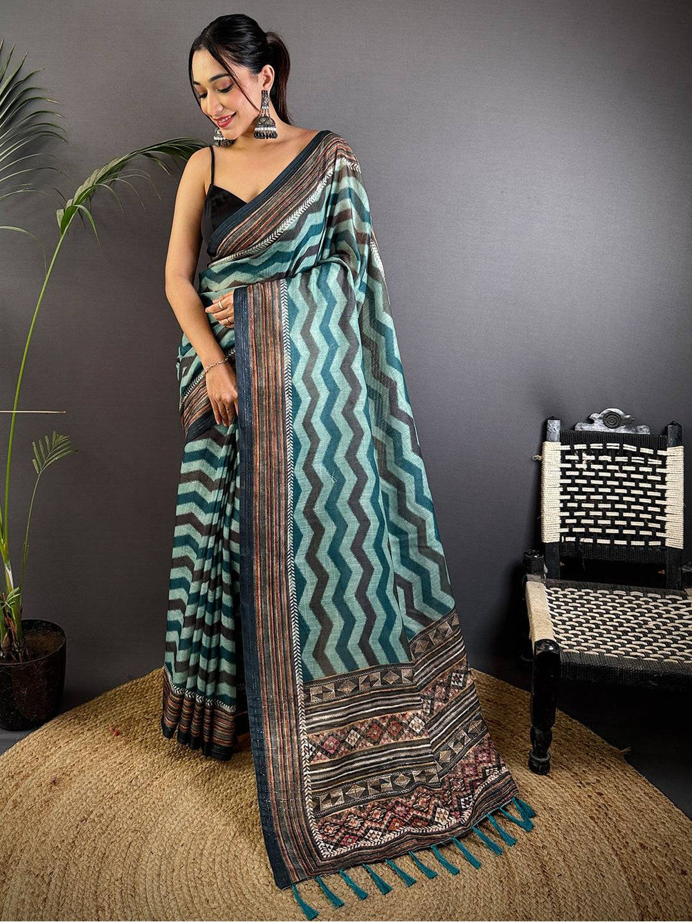 Teal & Black Linen Silk Saree with Chevron Print and Ethnic Border