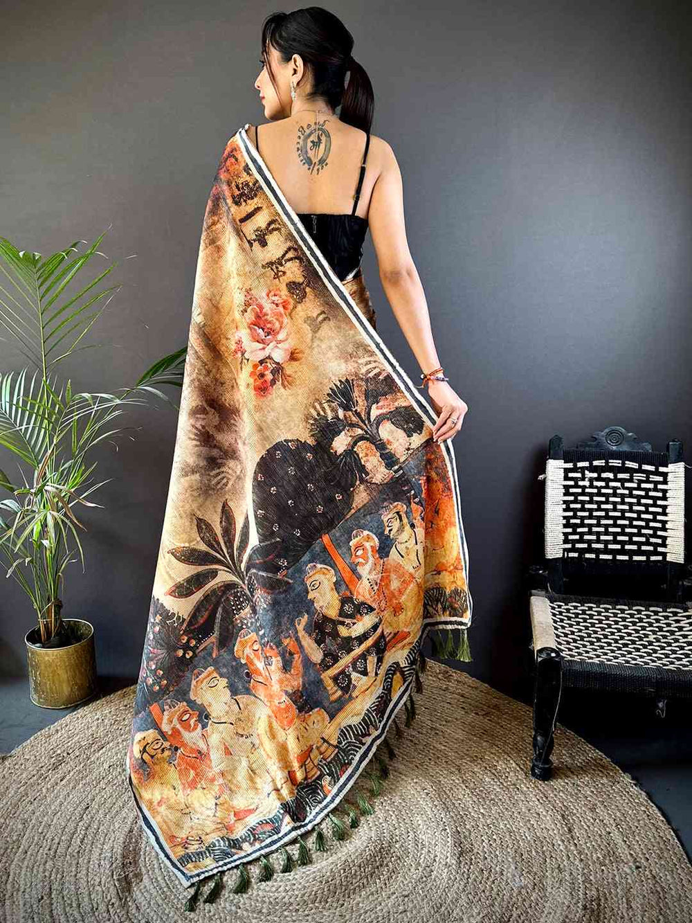 Artistic Linen Silk Saree with Vintage Painting Print & Tassel Border
