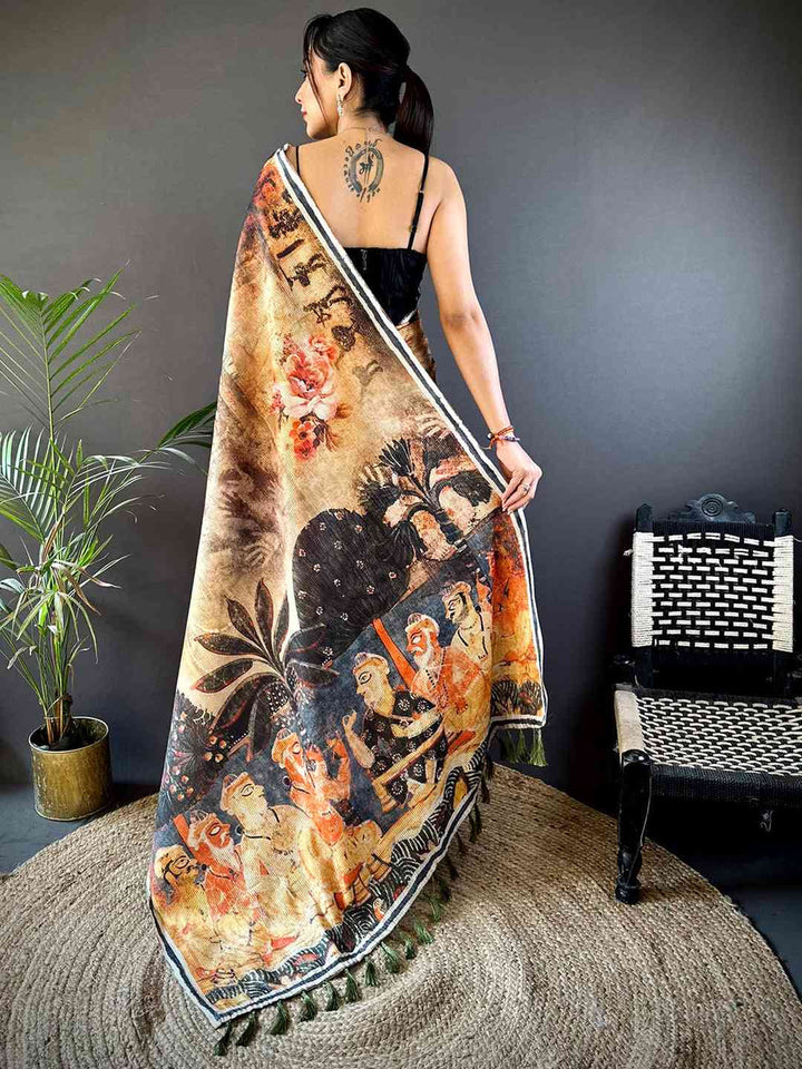 Artistic Linen Silk Saree with Vintage Painting Print & Tassel Border