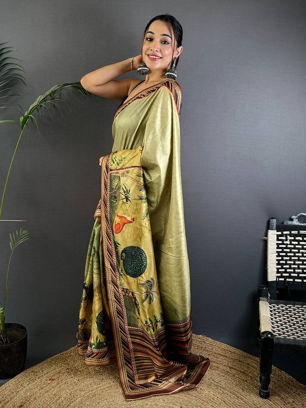 Olive Green Linen Silk Saree with Wildlife Digital Print & Multicolor Border