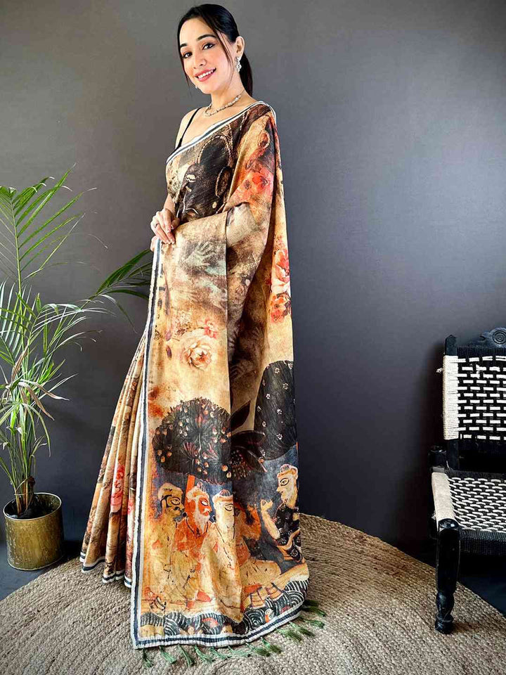 Artistic Linen Silk Saree with Vintage Painting Print & Tassel Border