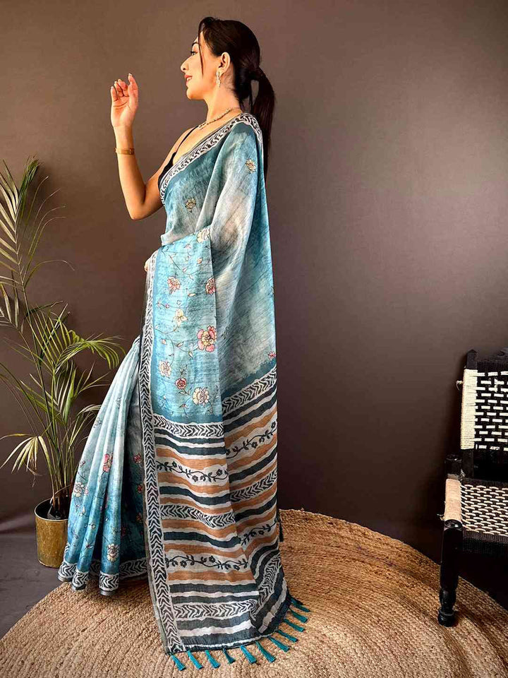 Sky Blue Linen Silk Saree with Floral Print & Striped Design Pallu