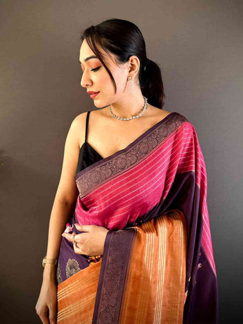 Purple & Pink Soft Silk Saree with Woven Zari Border and Contrast Orange Pallu