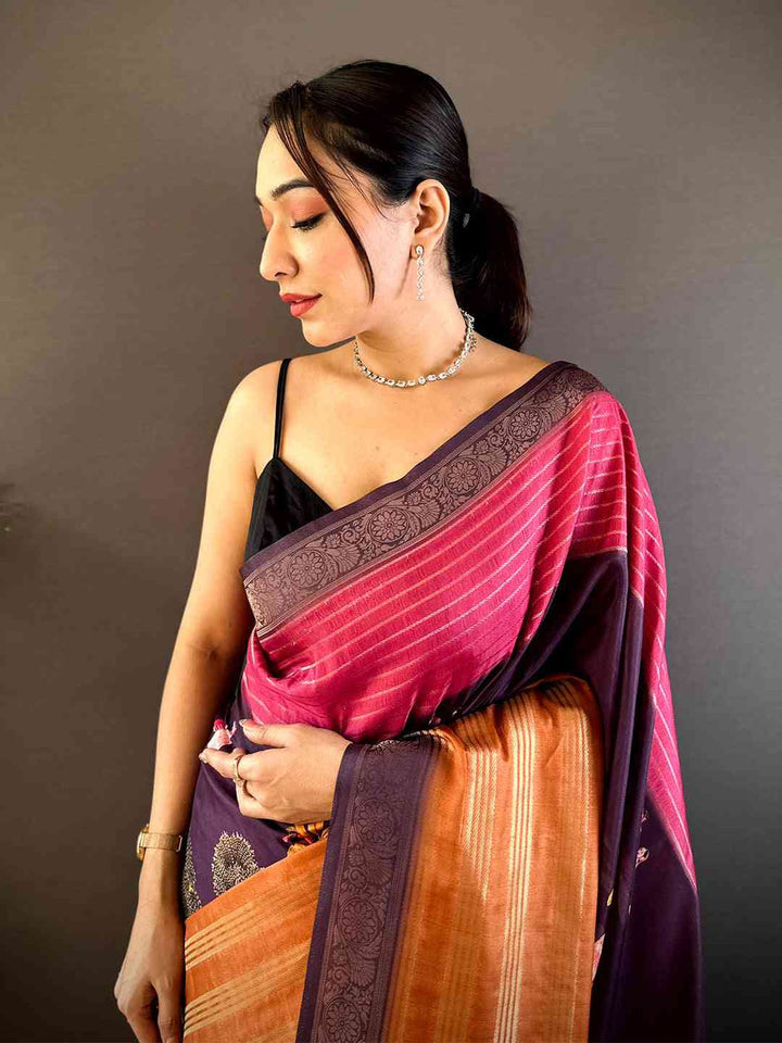 Purple & Pink Soft Silk Saree with Woven Zari Border and Contrast Orange Pallu