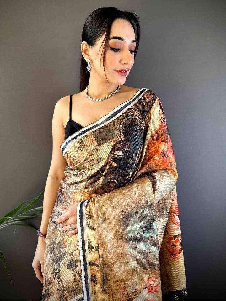 Artistic Linen Silk Saree with Vintage Painting Print & Tassel Border