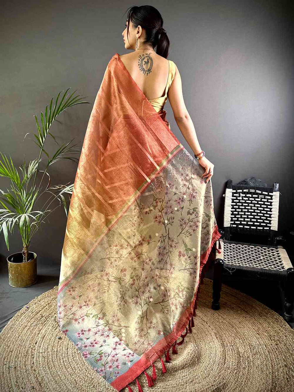Peach Gold Linen Silk Saree with Floral Print & Woven Zari Border