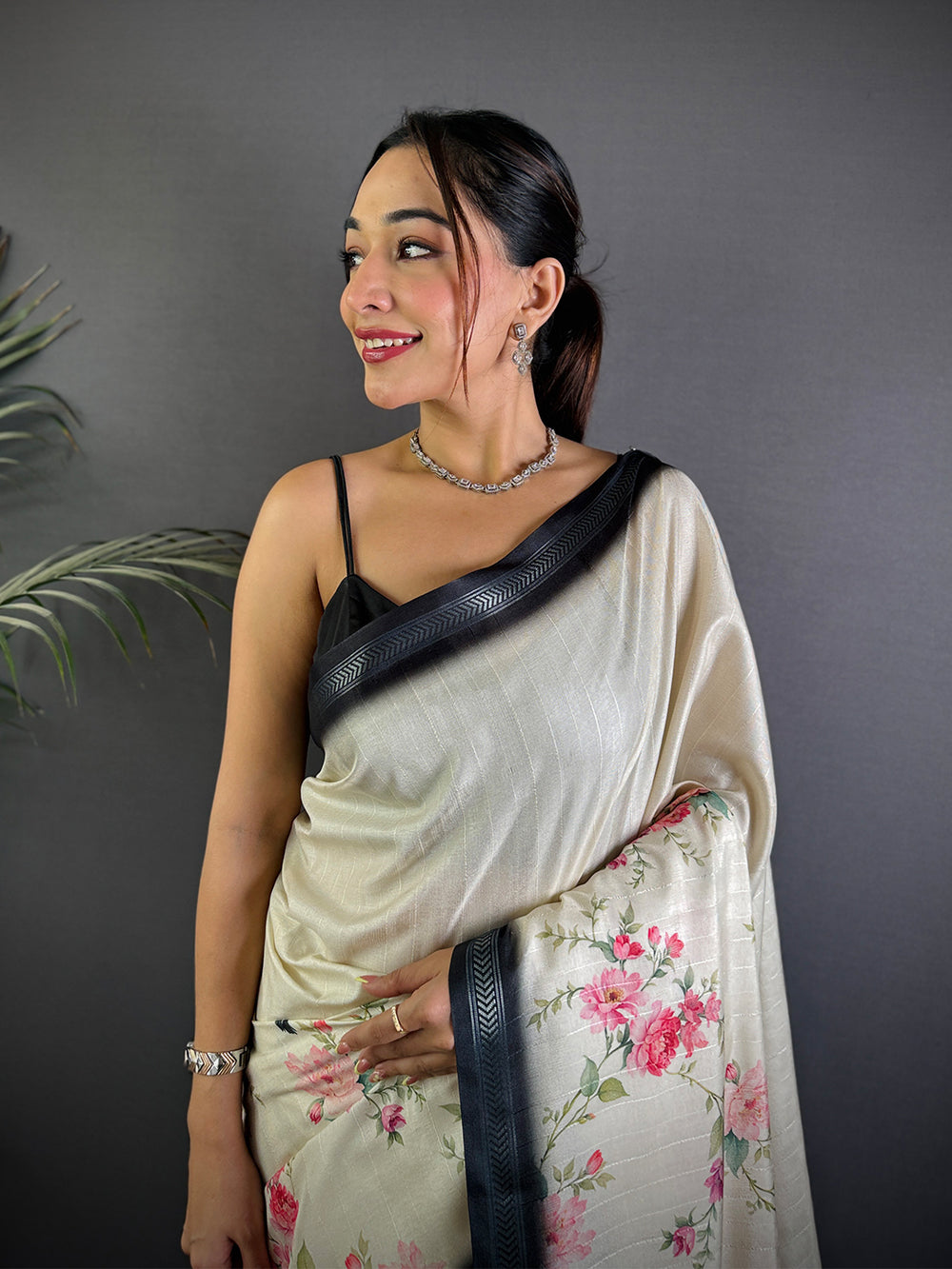 Cream Linen Silk Saree with Pink Floral Print & Grey Contrast Border