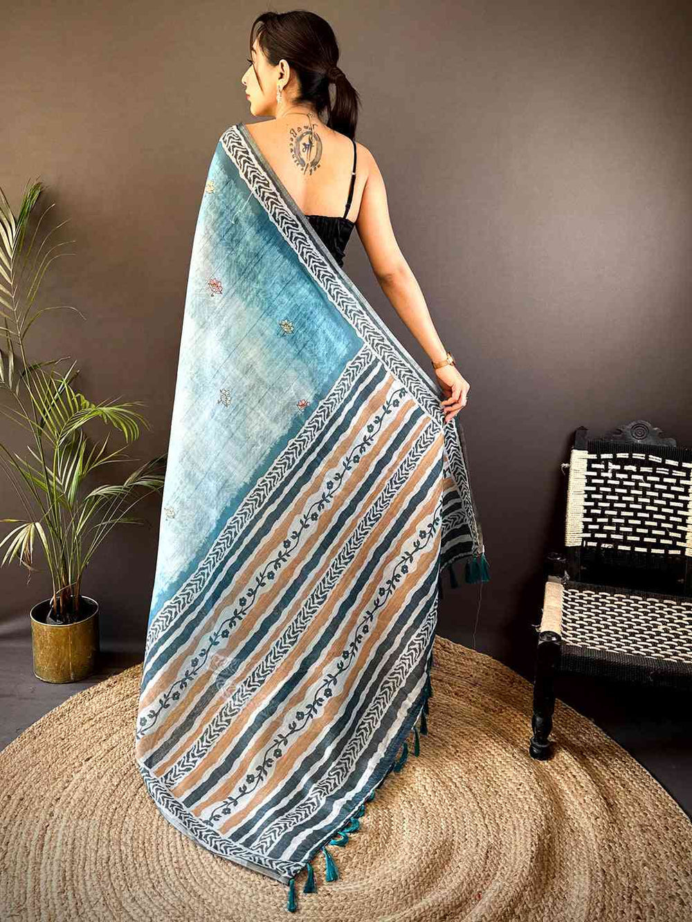 Sky Blue Linen Silk Saree with Floral Print & Striped Design Pallu