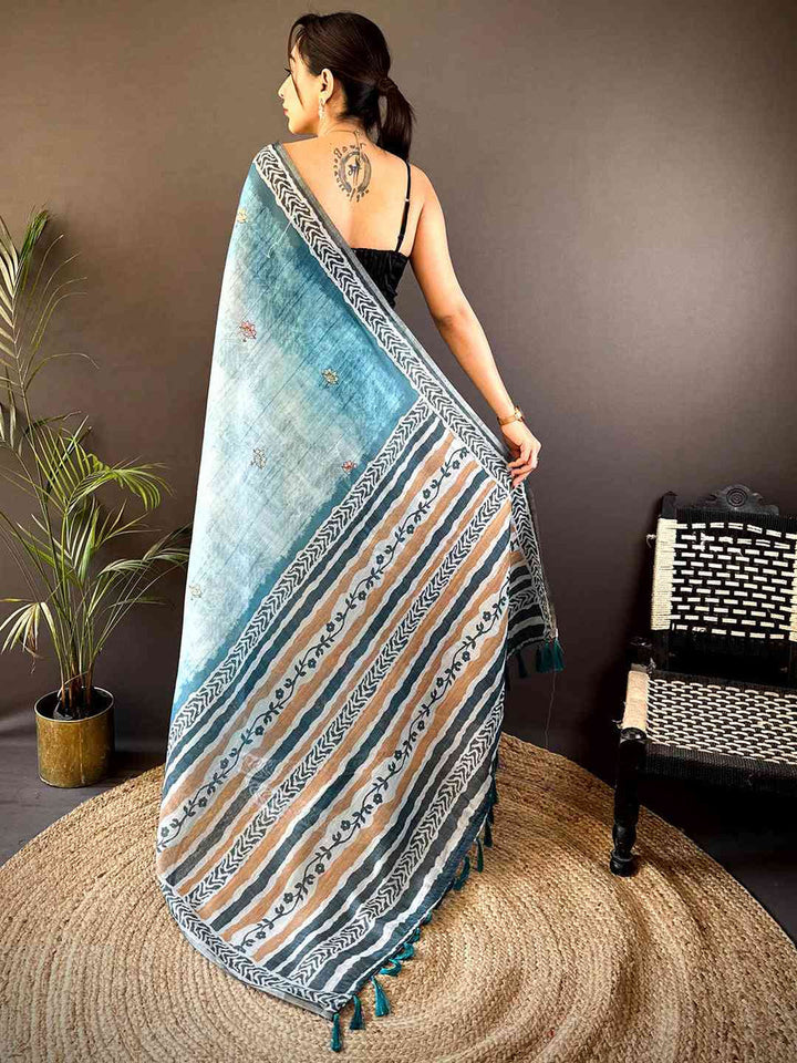 Sky Blue Linen Silk Saree with Floral Print & Striped Design Pallu