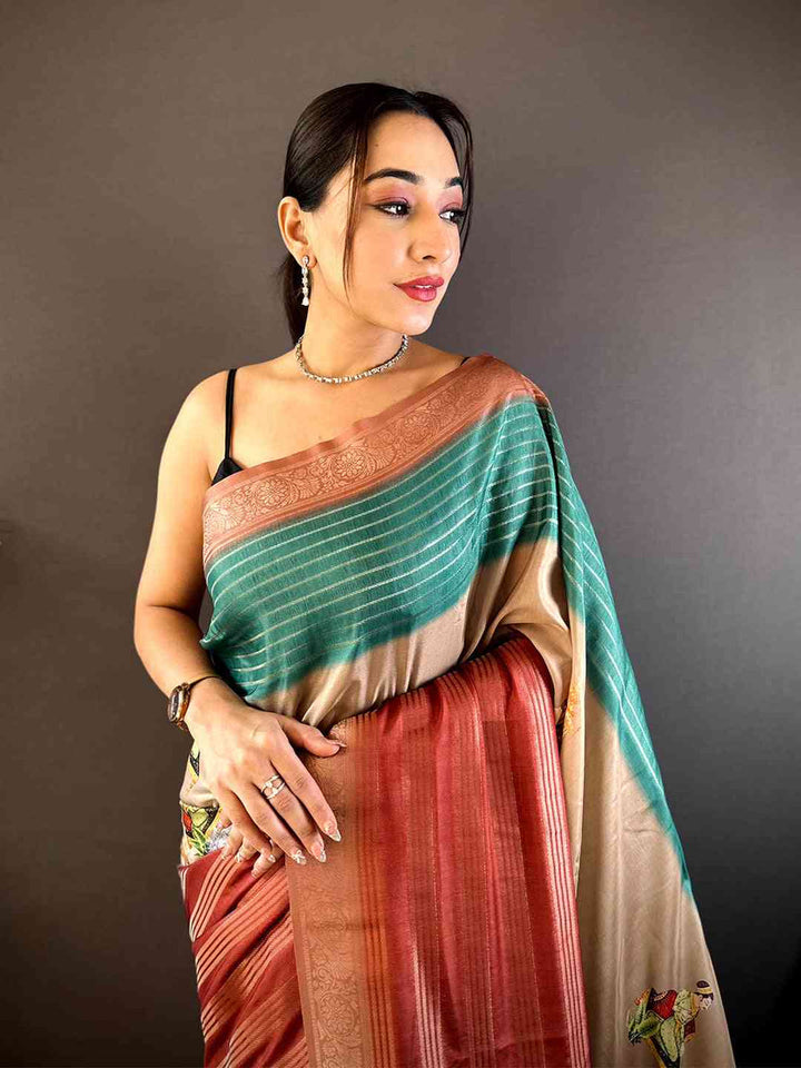 Multicolor Linen Silk Saree with Floral Print & Woven Copper Border